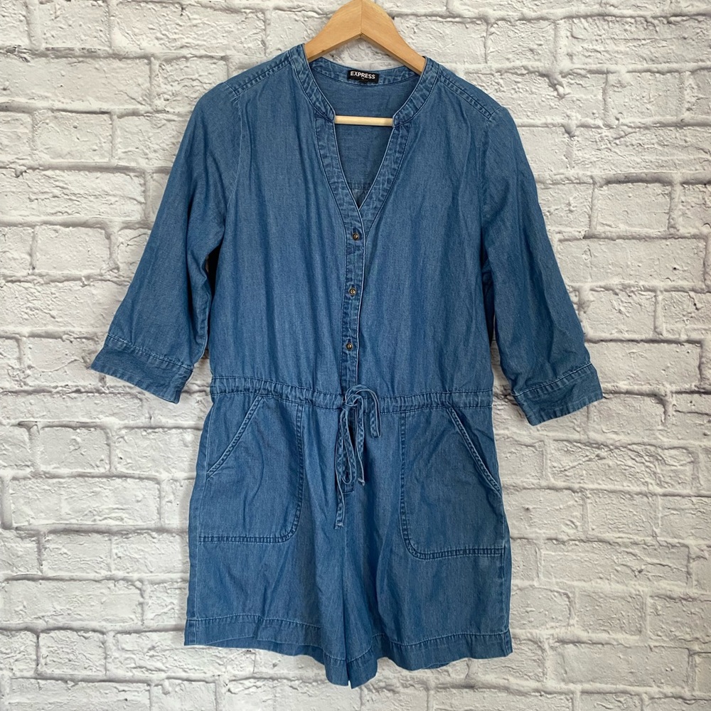 Express Chambray Button-Up Cinched Waist Romper. … - image 1